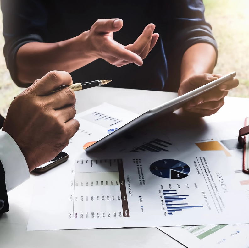 Professionals explaining data charts